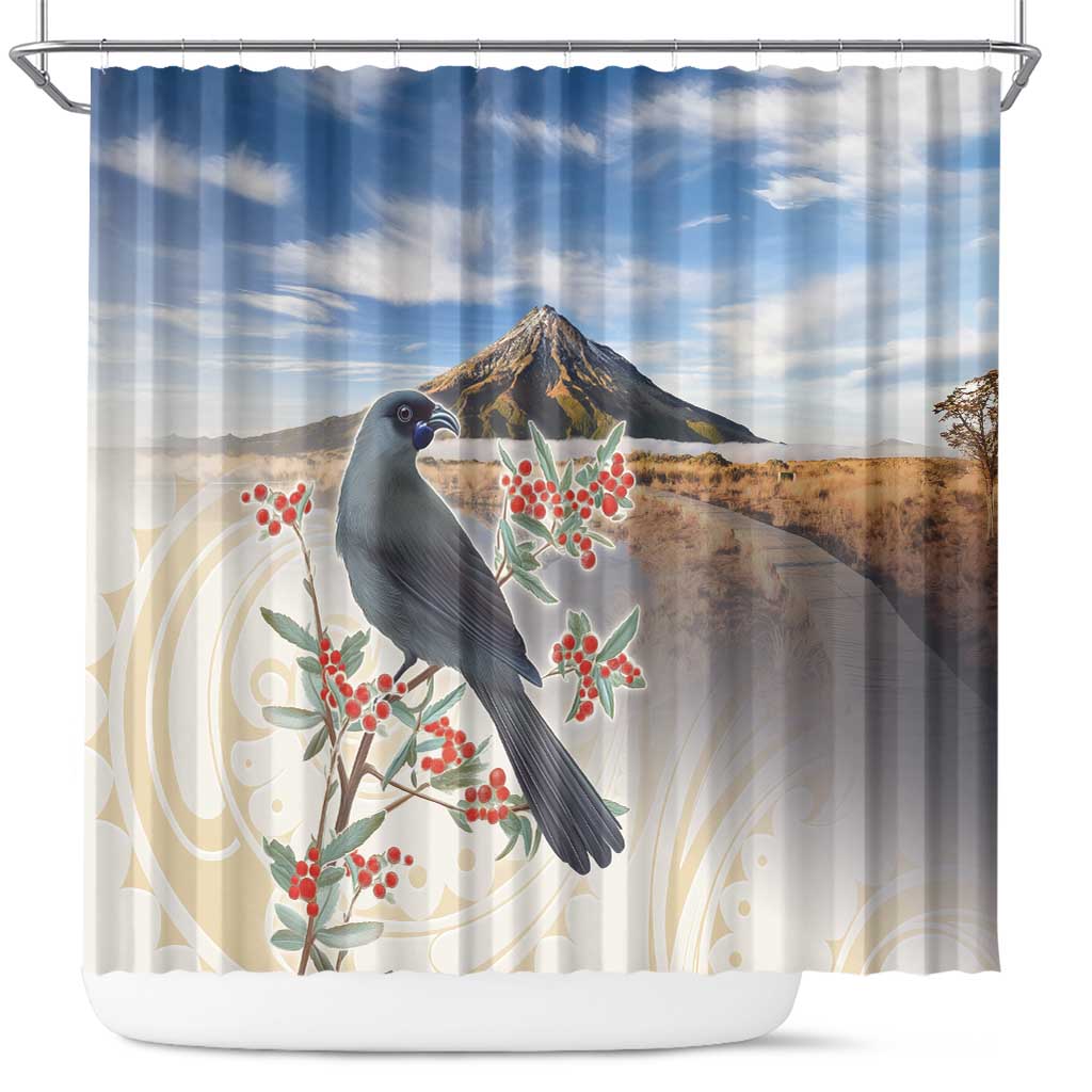 New Zealand Mount Taranaki Landscape Shower Curtain Kokako Bird Polynesian Style