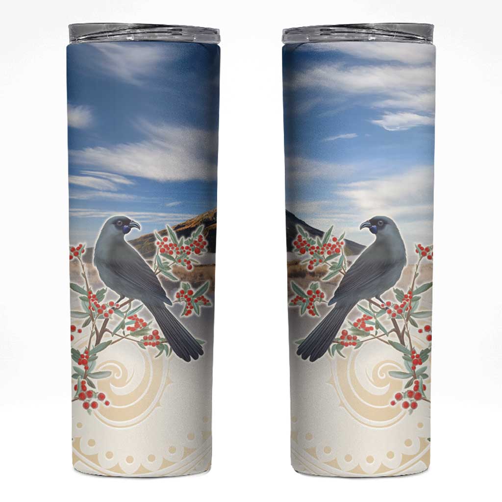 New Zealand Mount Taranaki Landscape Skinny Tumbler Kokako Bird Polynesian Style