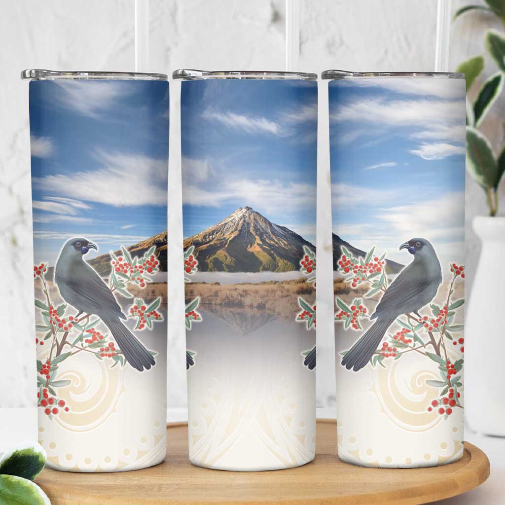New Zealand Mount Taranaki Landscape Skinny Tumbler Kokako Bird Polynesian Style