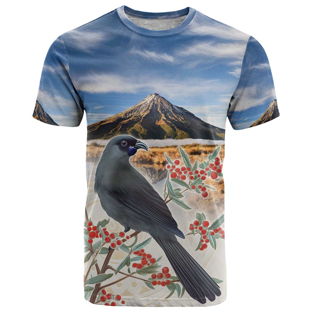 New Zealand Mount Taranaki Landscape T Shirt Kokako Bird Polynesian Style LT05 Blue - Polynesian Pride