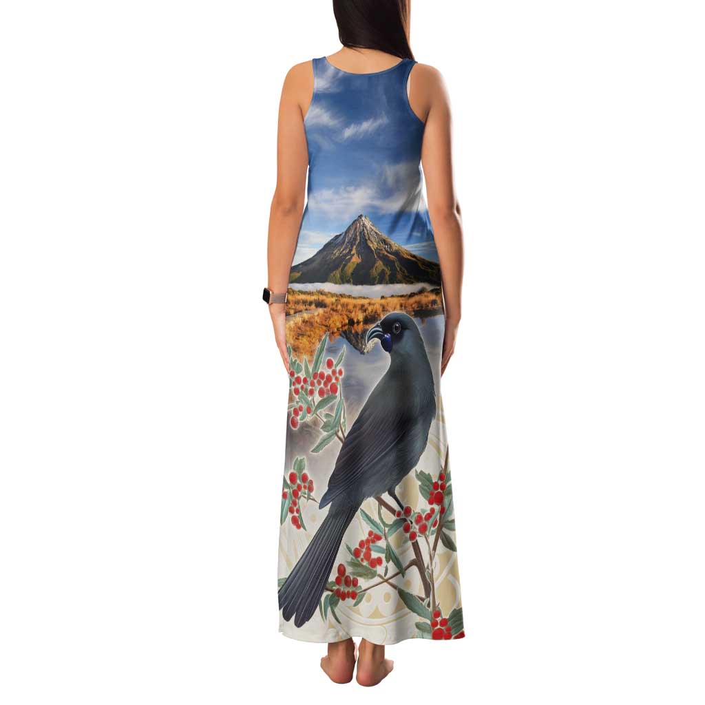 New Zealand Mount Taranaki Landscape Tank Maxi Dress Kokako Bird Polynesian Style