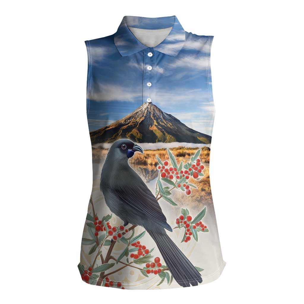New Zealand Mount Taranaki Landscape Women Sleeveless Polo Shirt Kokako Bird Polynesian Style