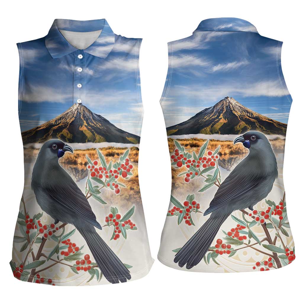 New Zealand Mount Taranaki Landscape Women Sleeveless Polo Shirt Kokako Bird Polynesian Style
