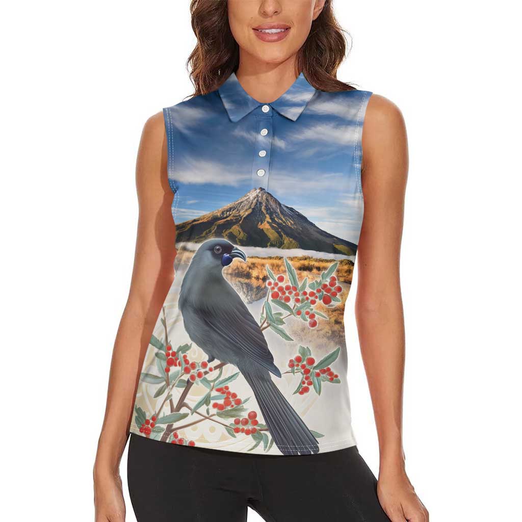 New Zealand Mount Taranaki Landscape Women Sleeveless Polo Shirt Kokako Bird Polynesian Style