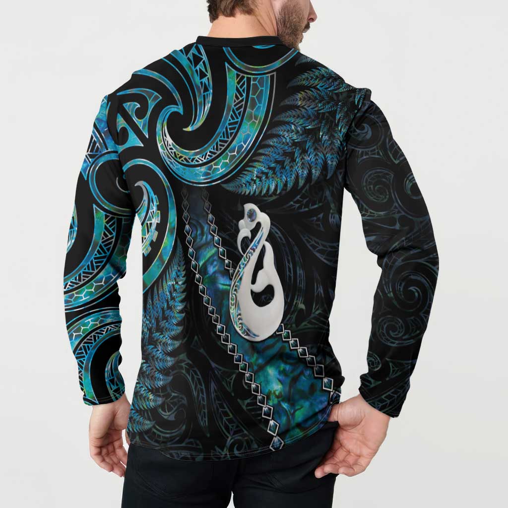 New Zealand Aotearoa Button Sweatshirt Maori Manaia Paua Shell Glitter Turquoise LT05 - Polynesian Pride