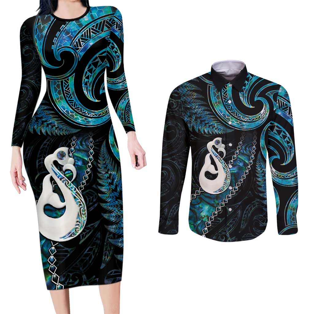 New Zealand Aotearoa Couples Matching Long Sleeve Bodycon Dress and Long Sleeve Button Shirt Maori Manaia Paua Shell Glitter Turquoise LT05 Turquoise - Polynesian Pride