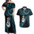 New Zealand Aotearoa Couples Matching Off Shoulder Maxi Dress and Hawaiian Shirt Maori Manaia Paua Shell Glitter Turquoise