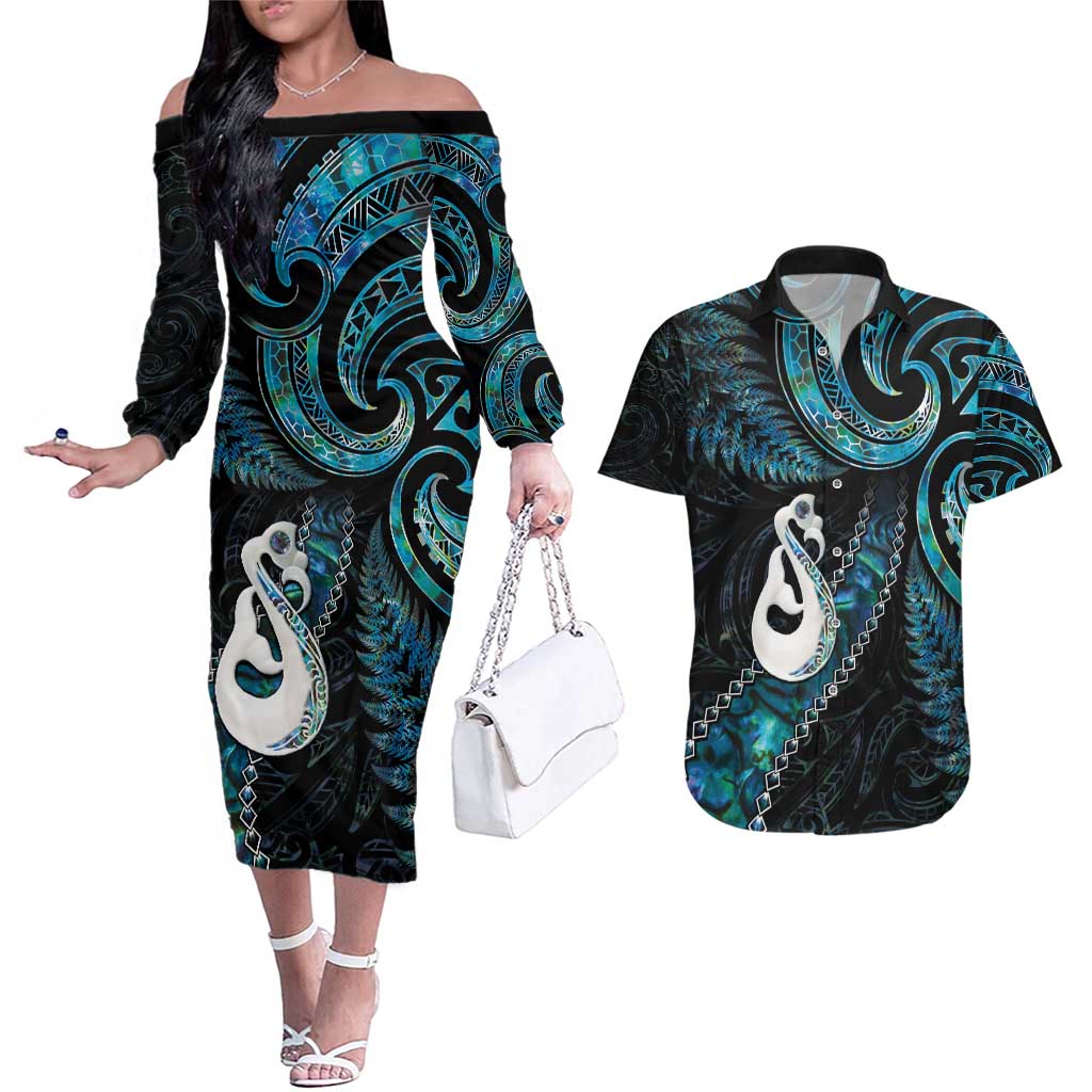 New Zealand Aotearoa Couples Matching Off The Shoulder Long Sleeve Dress and Hawaiian Shirt Maori Manaia Paua Shell Glitter Turquoise LT05 Turquoise - Polynesian Pride