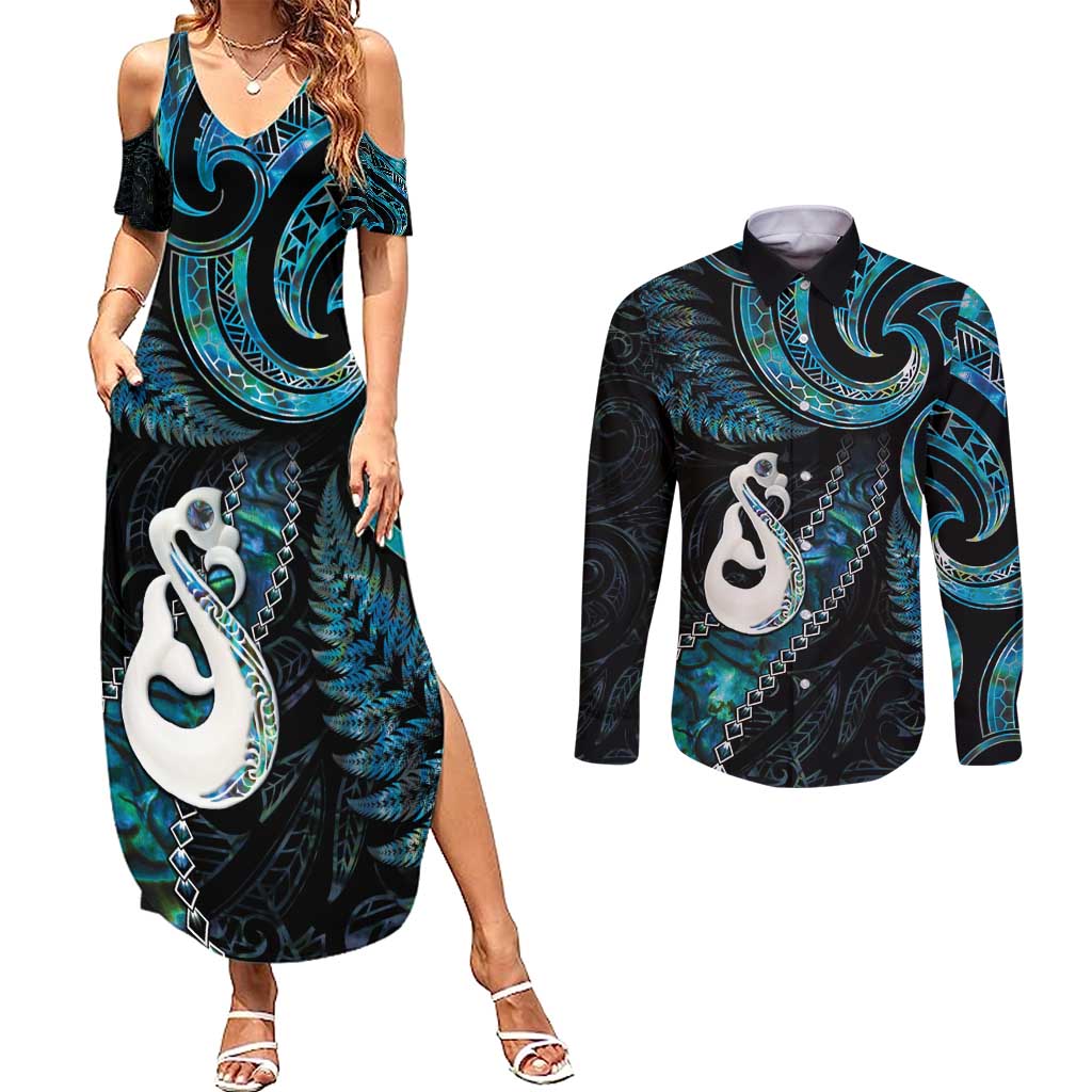New Zealand Aotearoa Couples Matching Summer Maxi Dress and Long Sleeve Button Shirt Maori Manaia Paua Shell Glitter Turquoise LT05 Turquoise - Polynesian Pride