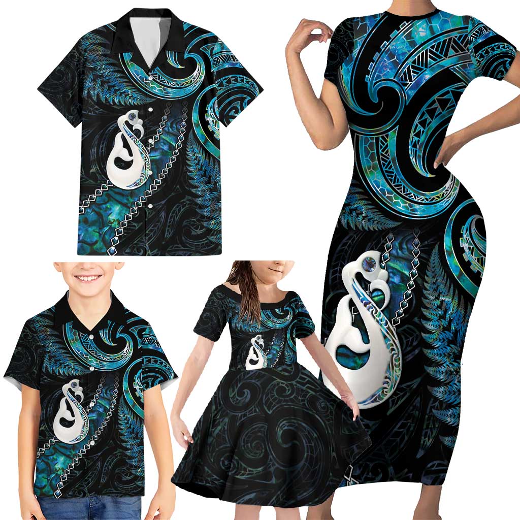 New Zealand Aotearoa Family Matching Short Sleeve Bodycon Dress and Hawaiian Shirt Maori Manaia Paua Shell Glitter Turquoise