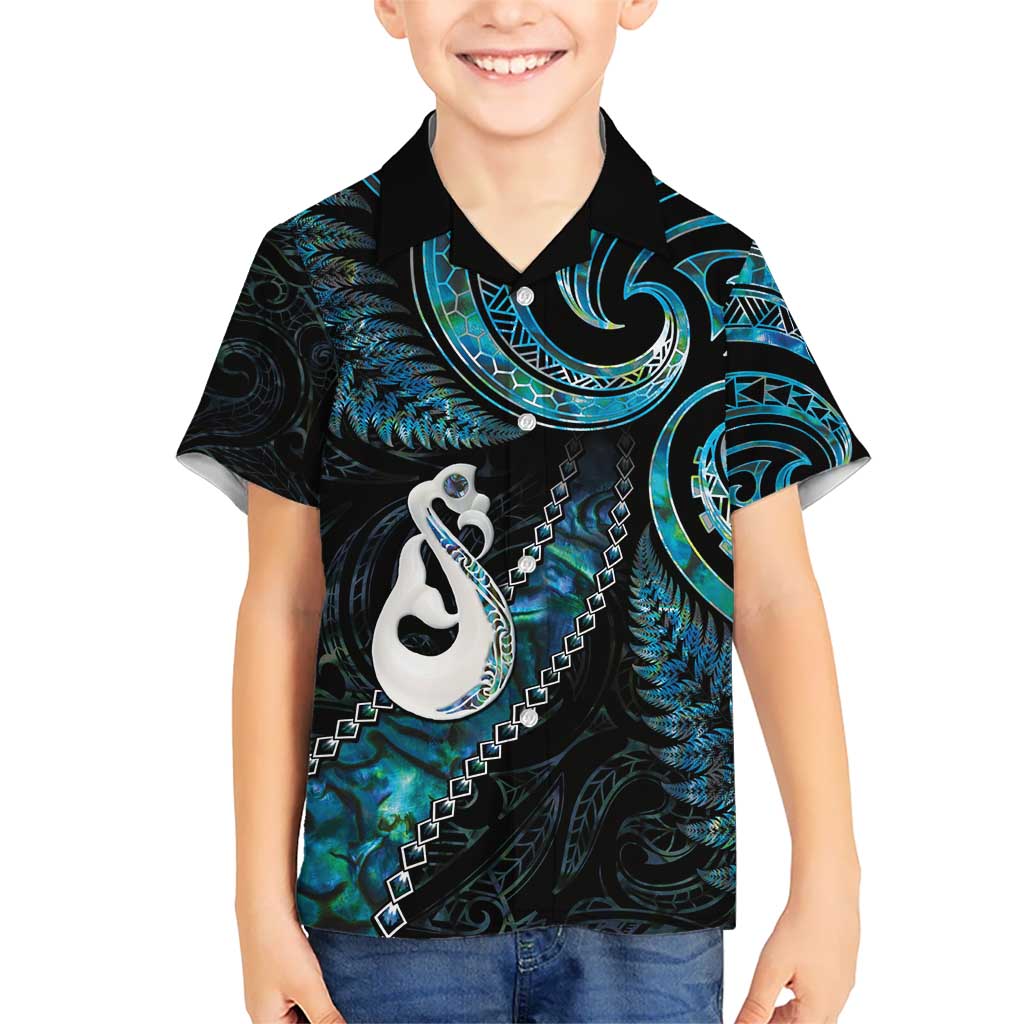 New Zealand Aotearoa Kid Hawaiian Shirt Maori Manaia Paua Shell Glitter Turquoise