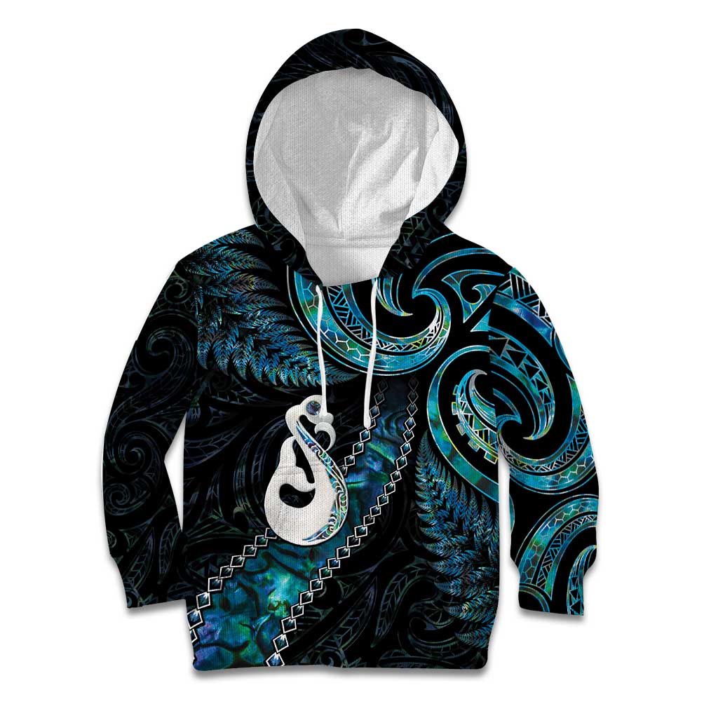 New Zealand Aotearoa Kid Hoodie Maori Manaia Paua Shell Glitter Turquoise