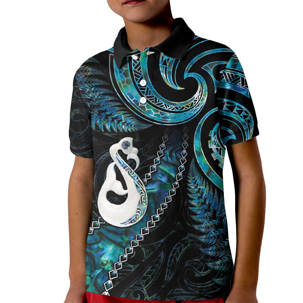 New Zealand Aotearoa Kid Polo Shirt Maori Manaia Paua Shell Glitter Turquoise