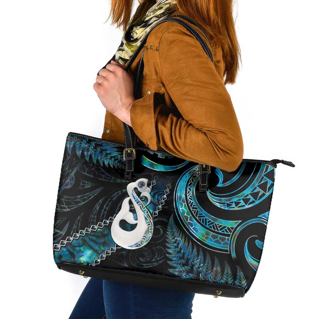 New Zealand Aotearoa Leather Tote Bag Maori Manaia Paua Shell Glitter Turquoise