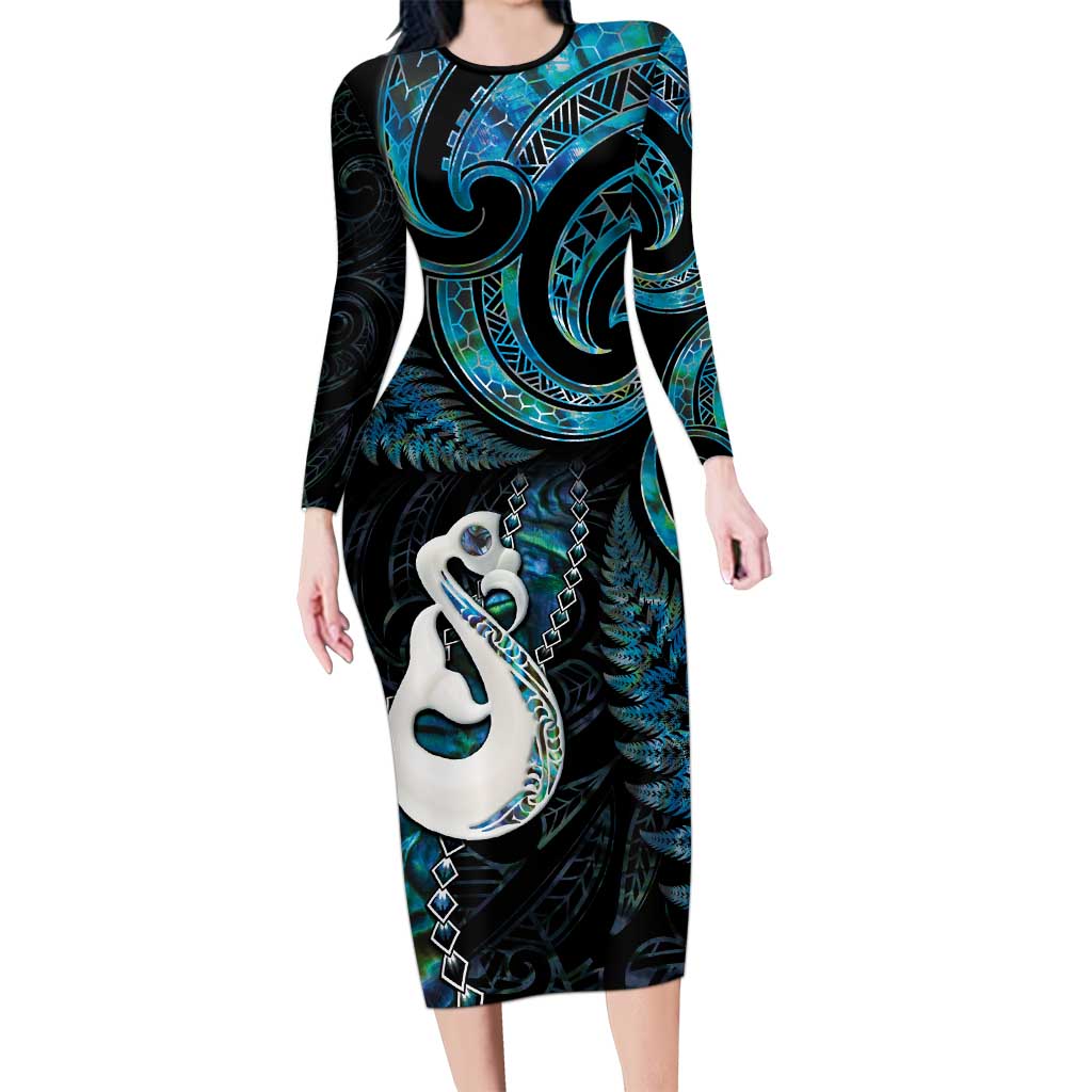 New Zealand Aotearoa Long Sleeve Bodycon Dress Maori Manaia Paua Shell Glitter Turquoise