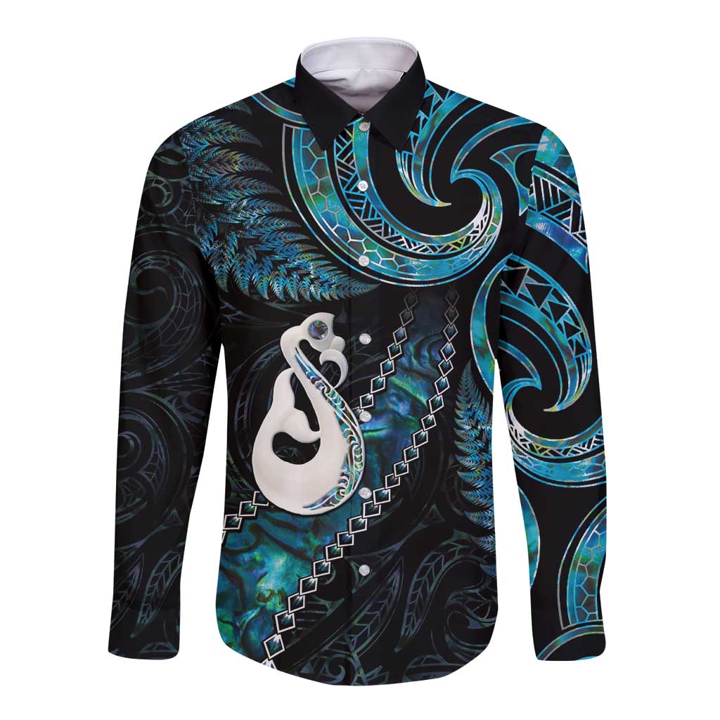 New Zealand Aotearoa Long Sleeve Button Shirt Maori Manaia Paua Shell Glitter Turquoise