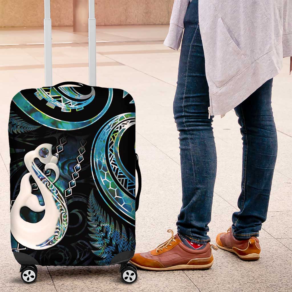 New Zealand Aotearoa Luggage Cover Maori Manaia Paua Shell Glitter Turquoise