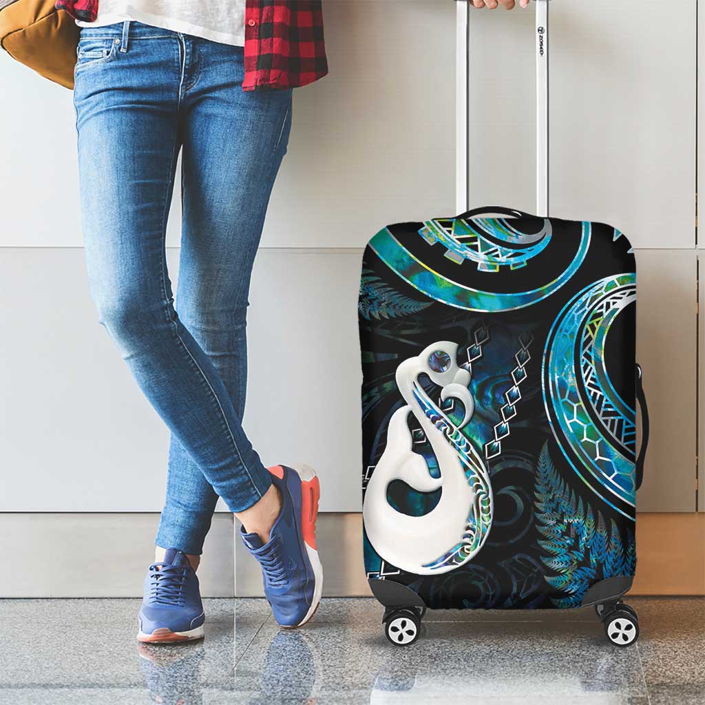 New Zealand Aotearoa Luggage Cover Maori Manaia Paua Shell Glitter Turquoise