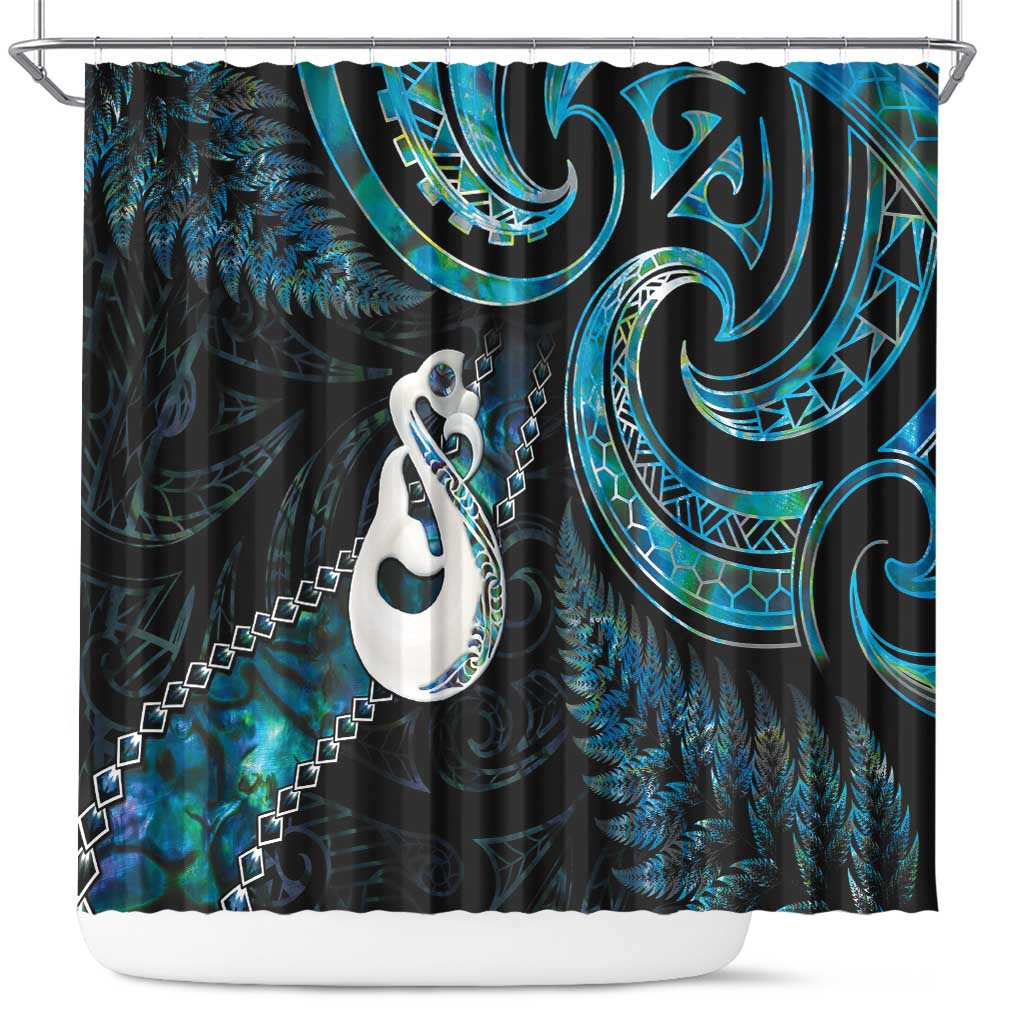 New Zealand Aotearoa Shower Curtain Maori Manaia Paua Shell Glitter Turquoise