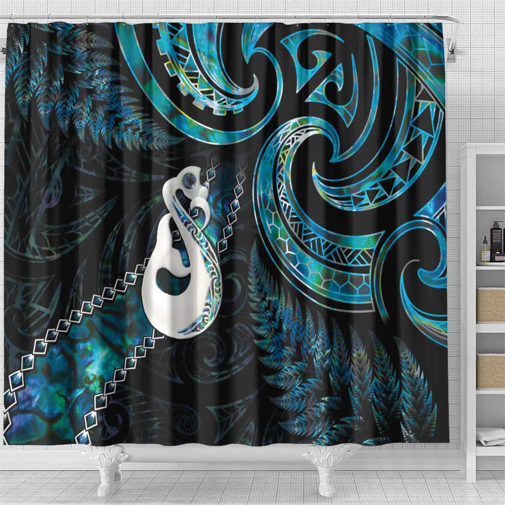 New Zealand Aotearoa Shower Curtain Maori Manaia Paua Shell Glitter Turquoise