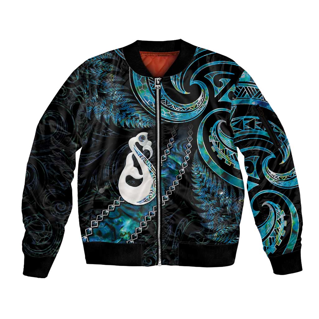 New Zealand Aotearoa Sleeve Zip Bomber Jacket Maori Manaia Paua Shell Glitter Turquoise