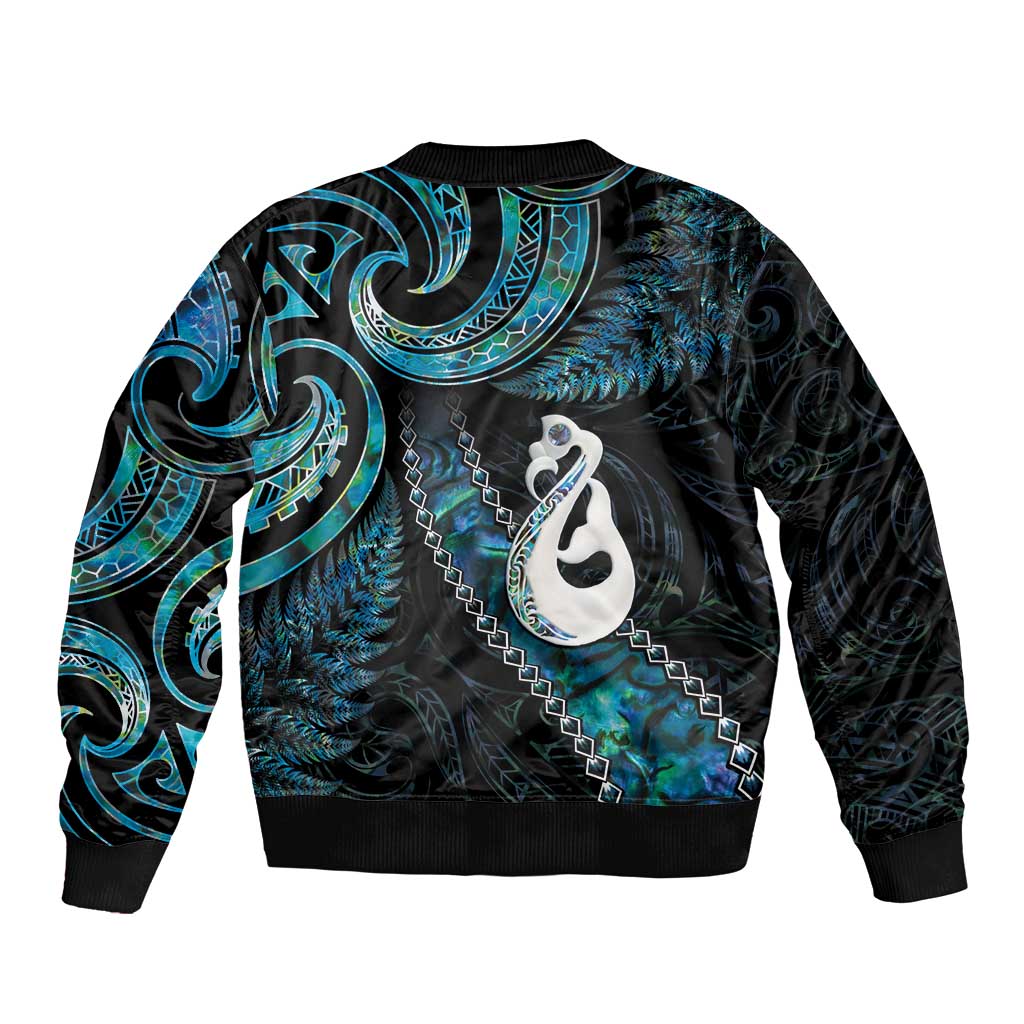 New Zealand Aotearoa Sleeve Zip Bomber Jacket Maori Manaia Paua Shell Glitter Turquoise