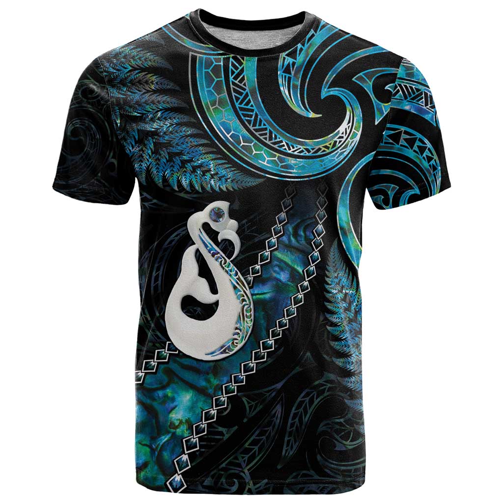 New Zealand Aotearoa T Shirt Maori Manaia Paua Shell Glitter Turquoise