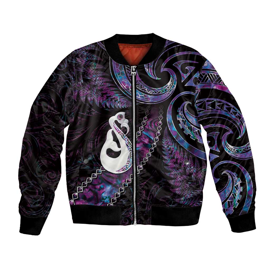 New Zealand Aotearoa Bomber Jacket Maori Manaia Paua Shell Glitter Purple