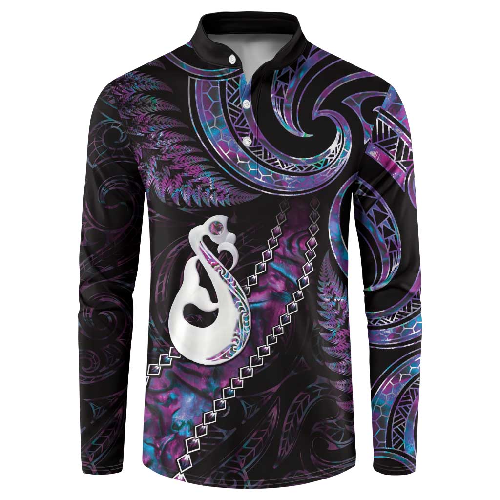 New Zealand Aotearoa Button Sweatshirt Maori Manaia Paua Shell Glitter Purple LT05 Purple - Polynesian Pride