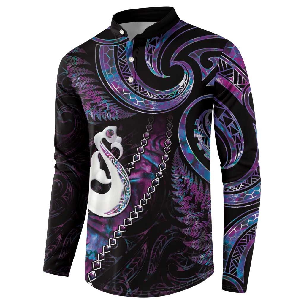 New Zealand Aotearoa Button Sweatshirt Maori Manaia Paua Shell Glitter Purple LT05 - Polynesian Pride