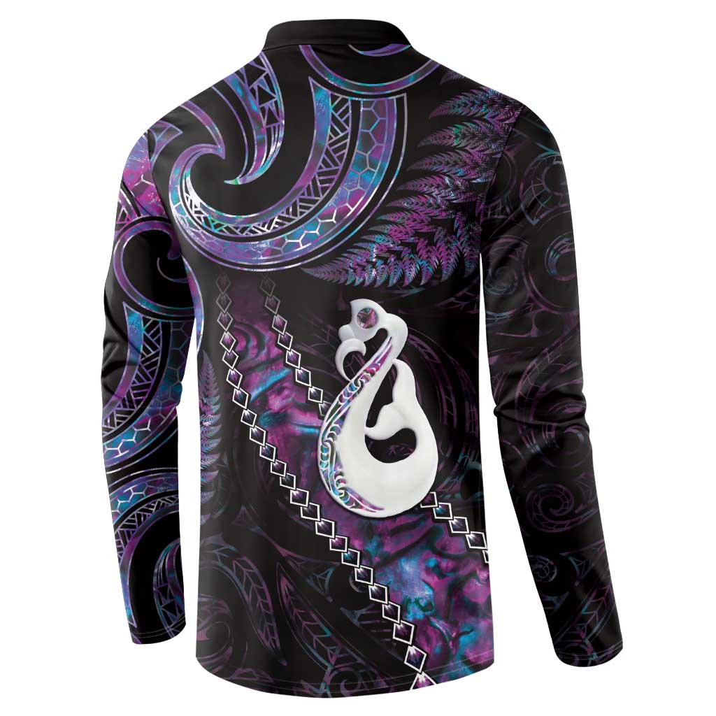 New Zealand Aotearoa Button Sweatshirt Maori Manaia Paua Shell Glitter Purple LT05 - Polynesian Pride