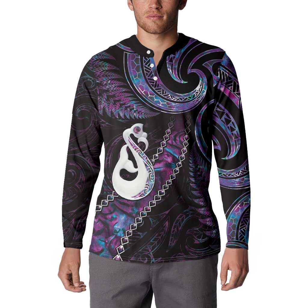 New Zealand Aotearoa Button Sweatshirt Maori Manaia Paua Shell Glitter Purple LT05 - Polynesian Pride