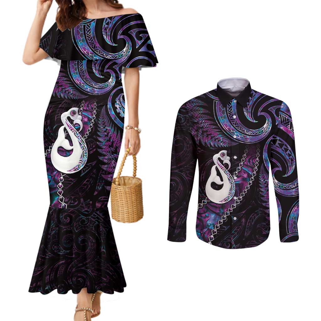 New Zealand Aotearoa Couples Matching Mermaid Dress and Long Sleeve Button Shirt Maori Manaia Paua Shell Glitter Purple LT05 Purple - Polynesian Pride