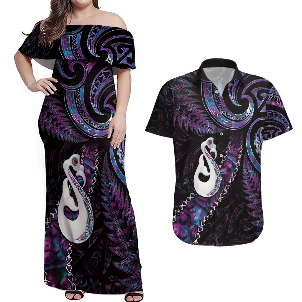 New Zealand Aotearoa Couples Matching Off Shoulder Maxi Dress and Hawaiian Shirt Maori Manaia Paua Shell Glitter Purple