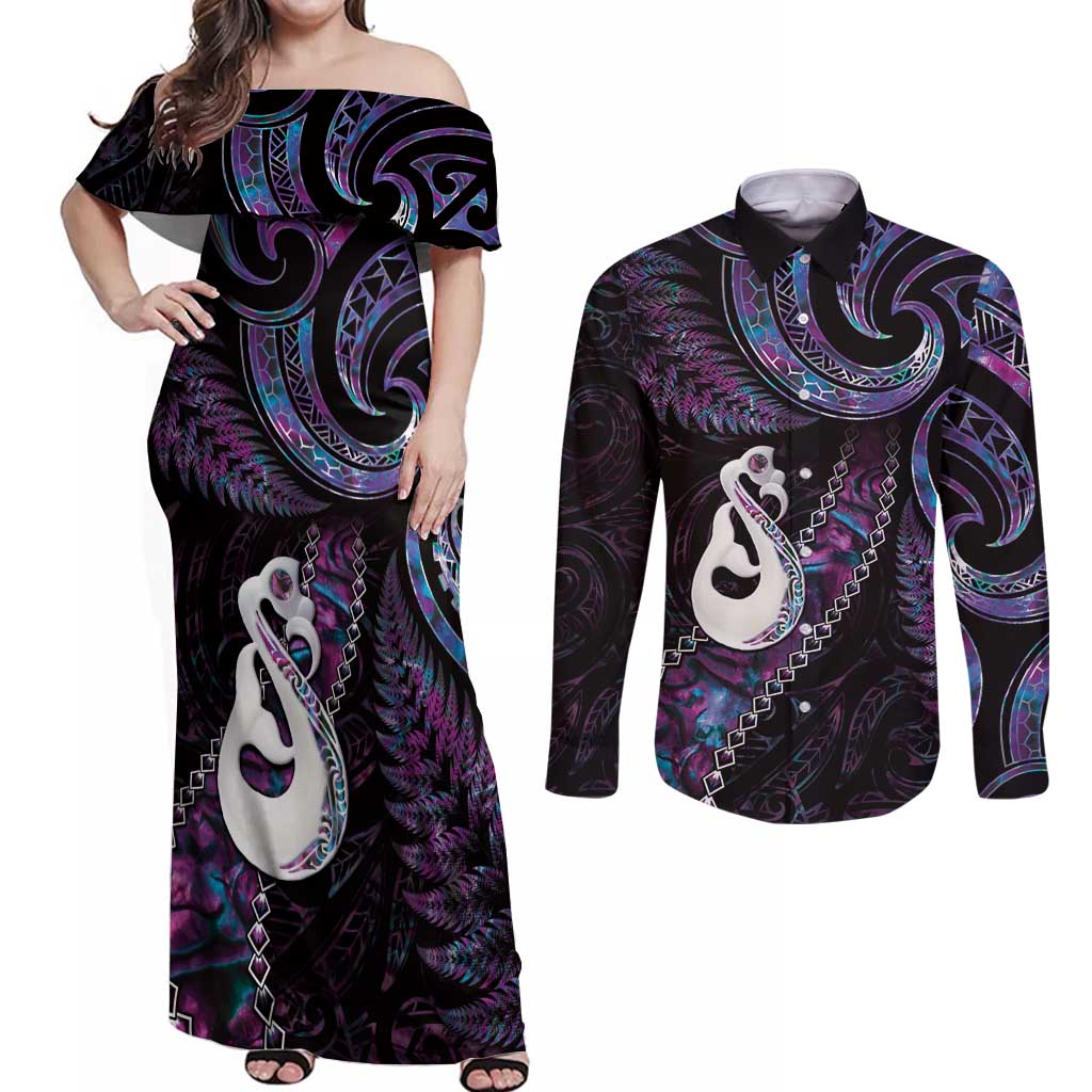 New Zealand Aotearoa Couples Matching Off Shoulder Maxi Dress and Long Sleeve Button Shirt Maori Manaia Paua Shell Glitter Purple LT05 Purple - Polynesian Pride