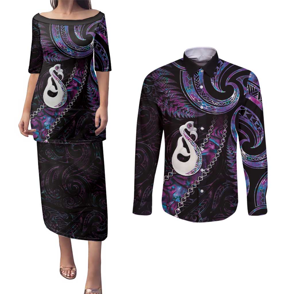 New Zealand Aotearoa Couples Matching Puletasi and Long Sleeve Button Shirt Maori Manaia Paua Shell Glitter Purple LT05 Purple - Polynesian Pride