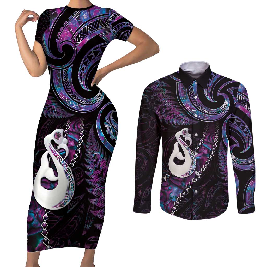 New Zealand Aotearoa Couples Matching Short Sleeve Bodycon Dress and Long Sleeve Button Shirt Maori Manaia Paua Shell Glitter Purple LT05 Purple - Polynesian Pride
