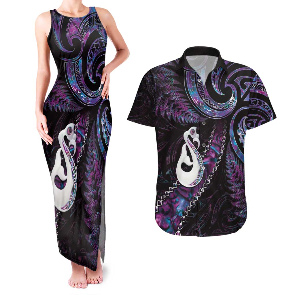New Zealand Aotearoa Couples Matching Tank Maxi Dress and Hawaiian Shirt Maori Manaia Paua Shell Glitter Purple LT05 Purple - Polynesian Pride
