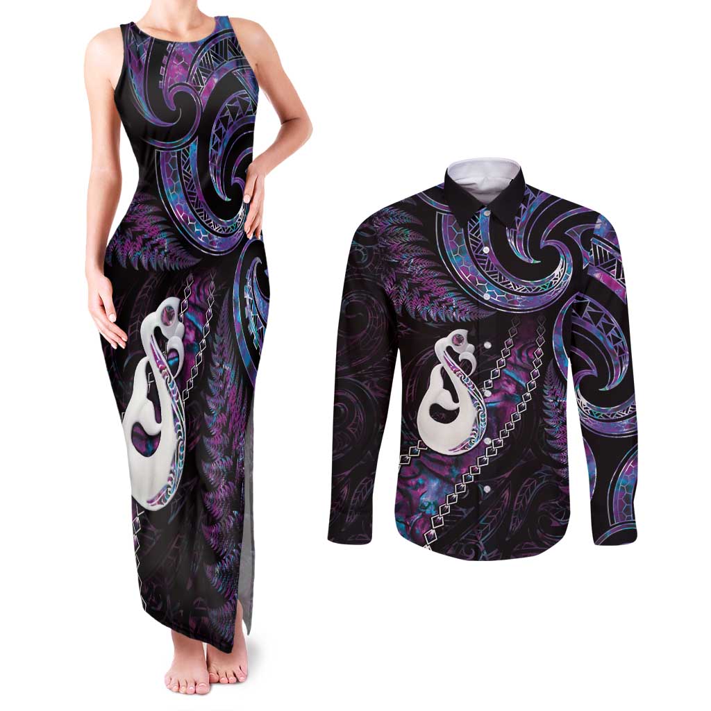 New Zealand Aotearoa Couples Matching Tank Maxi Dress and Long Sleeve Button Shirt Maori Manaia Paua Shell Glitter Purple LT05 Purple - Polynesian Pride