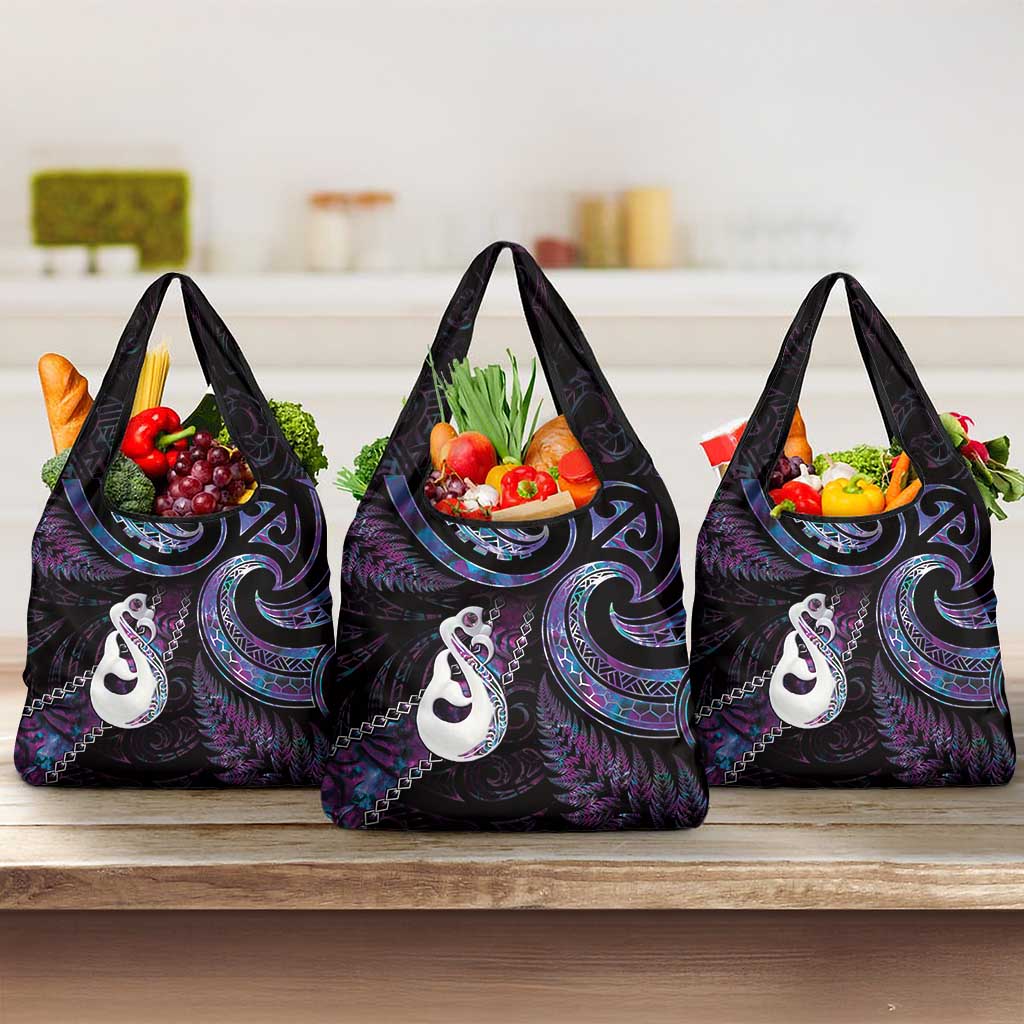 New Zealand Aotearoa Grocery Bag Maori Manaia Paua Shell Glitter Purple LT05 3-pack One Size Purple - Polynesian Pride