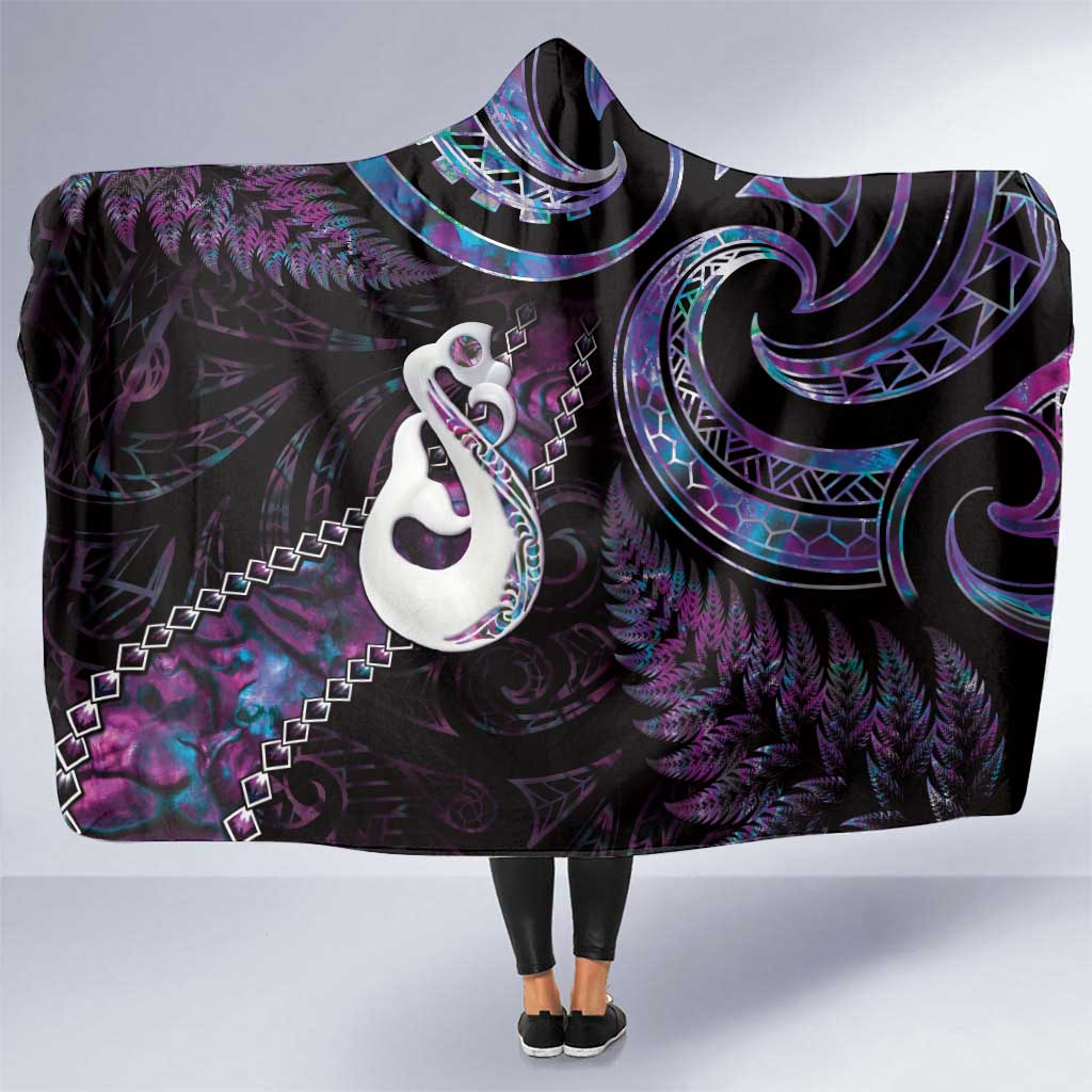 New Zealand Aotearoa Hooded Blanket Maori Manaia Paua Shell Glitter Purple