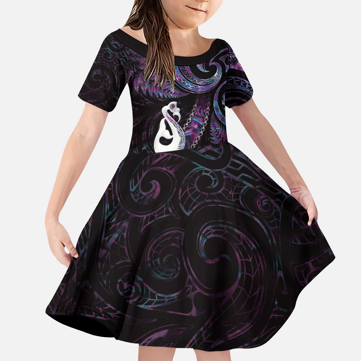 New Zealand Aotearoa Kid Short Sleeve Dress Maori Manaia Paua Shell Glitter Purple