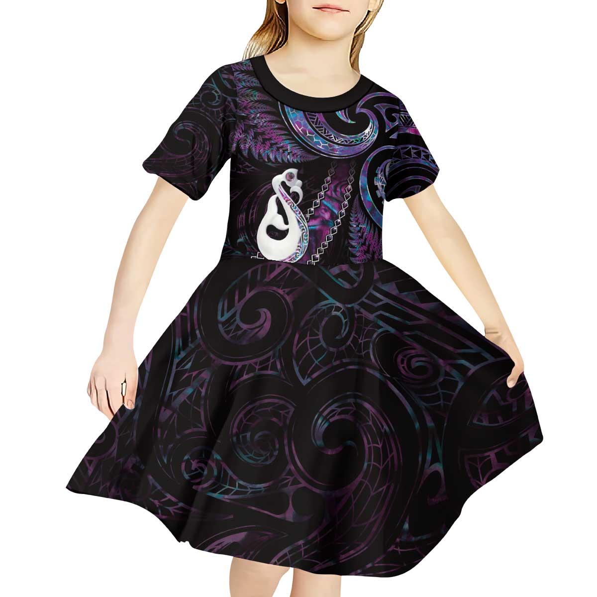 New Zealand Aotearoa Kid Short Sleeve Dress Maori Manaia Paua Shell Glitter Purple