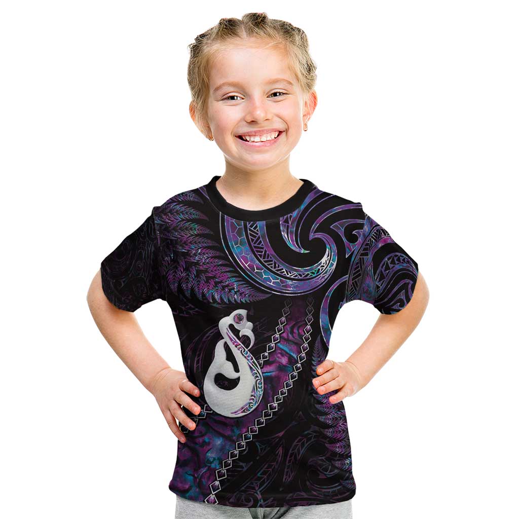 New Zealand Aotearoa Kid T Shirt Maori Manaia Paua Shell Glitter Purple