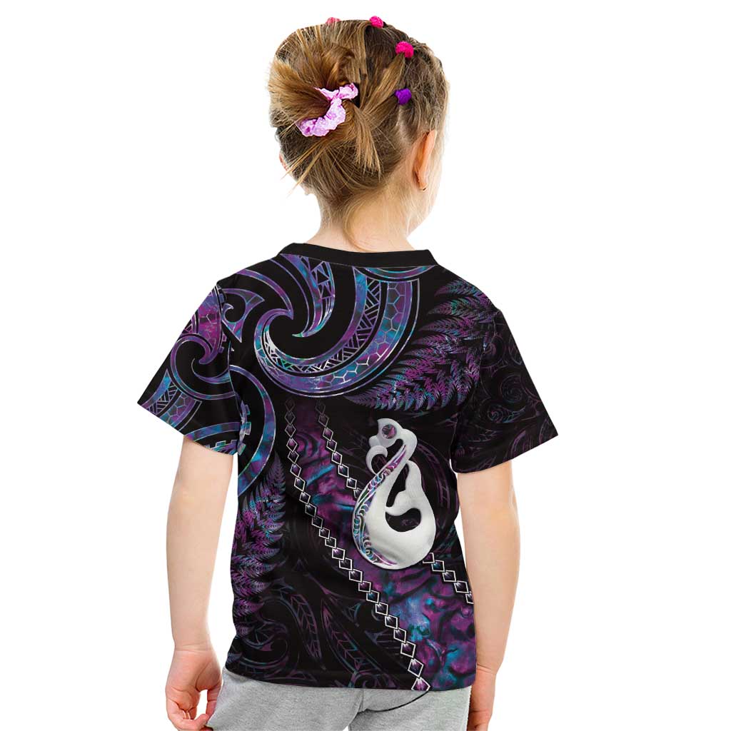 New Zealand Aotearoa Kid T Shirt Maori Manaia Paua Shell Glitter Purple