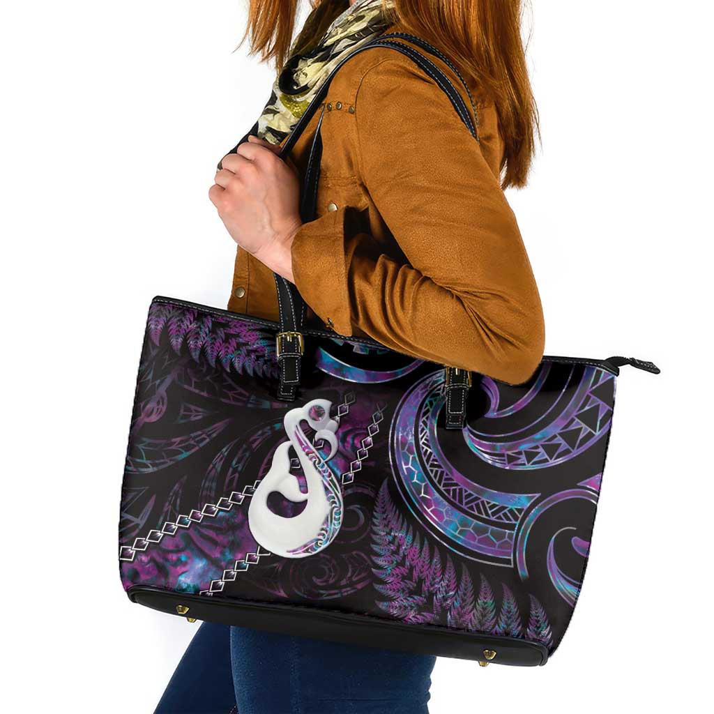New Zealand Aotearoa Leather Tote Bag Maori Manaia Paua Shell Glitter Purple LT05 Purple - Polynesian Pride