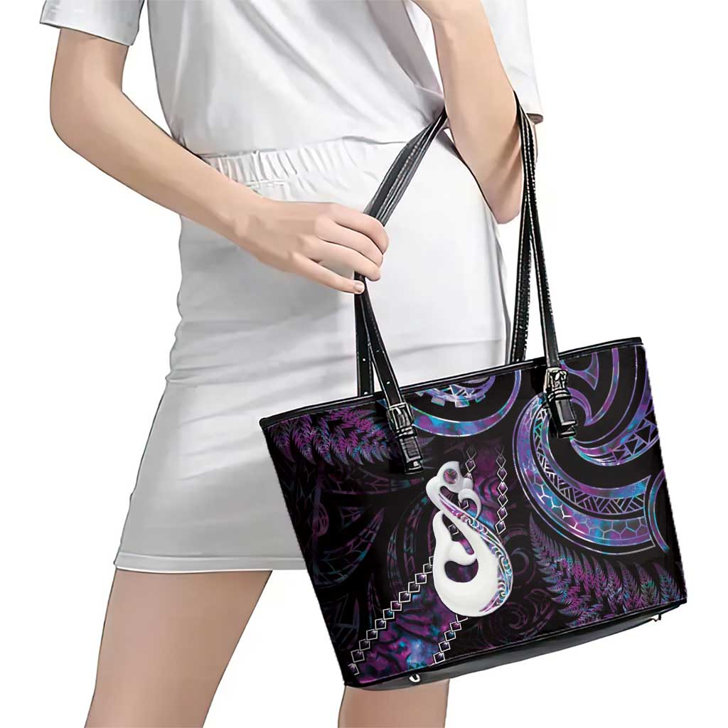 New Zealand Aotearoa Leather Tote Bag Maori Manaia Paua Shell Glitter Purple LT05 - Polynesian Pride