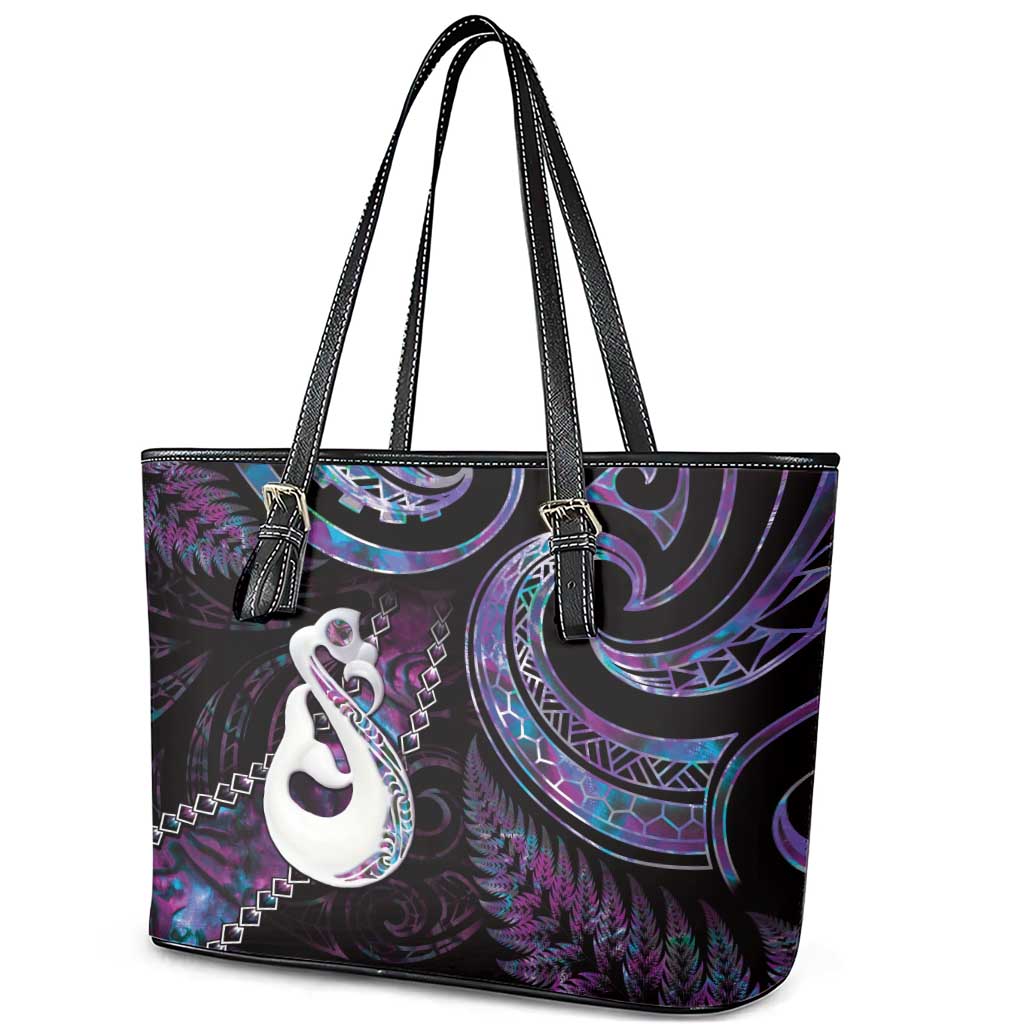 New Zealand Aotearoa Leather Tote Bag Maori Manaia Paua Shell Glitter Purple LT05 - Polynesian Pride