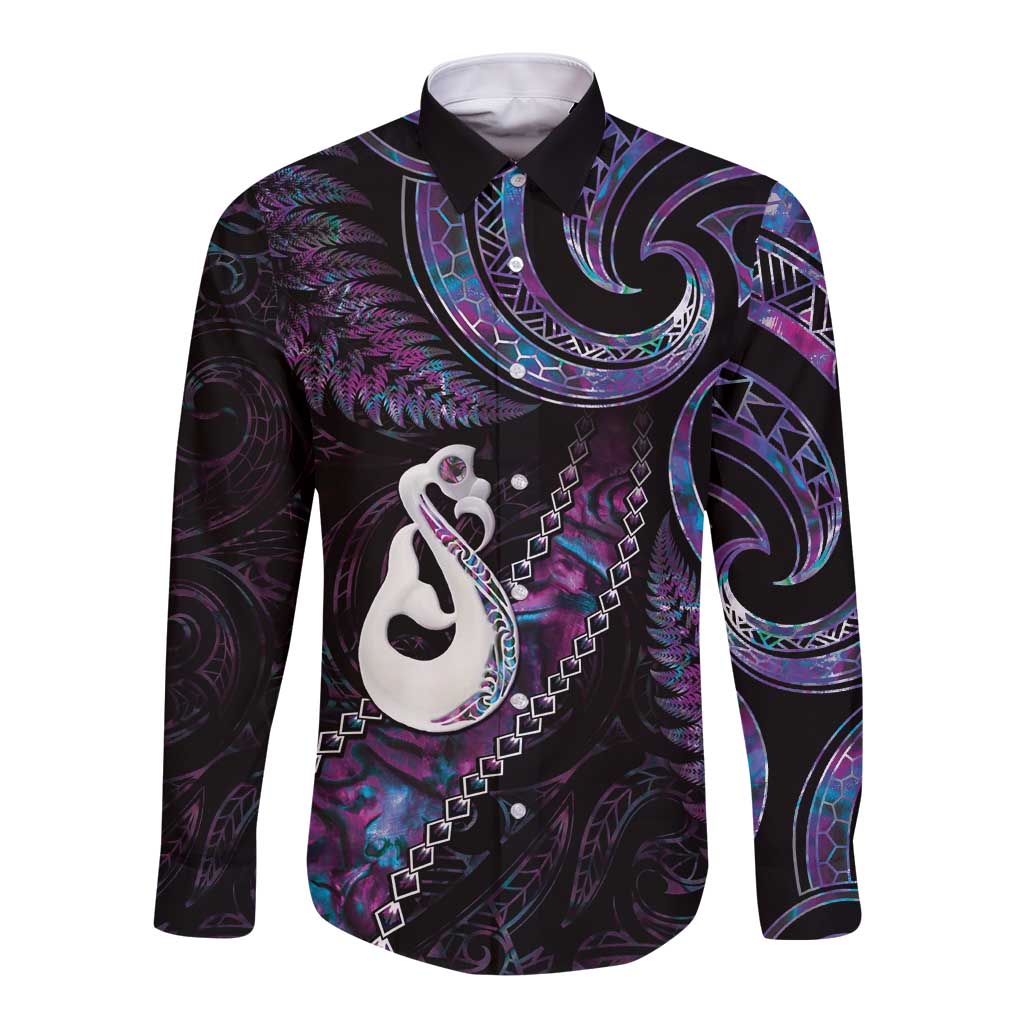 New Zealand Aotearoa Long Sleeve Button Shirt Maori Manaia Paua Shell Glitter Purple