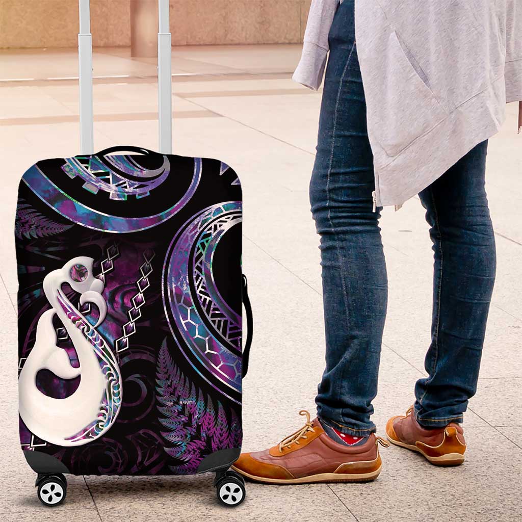 New Zealand Aotearoa Luggage Cover Maori Manaia Paua Shell Glitter Purple